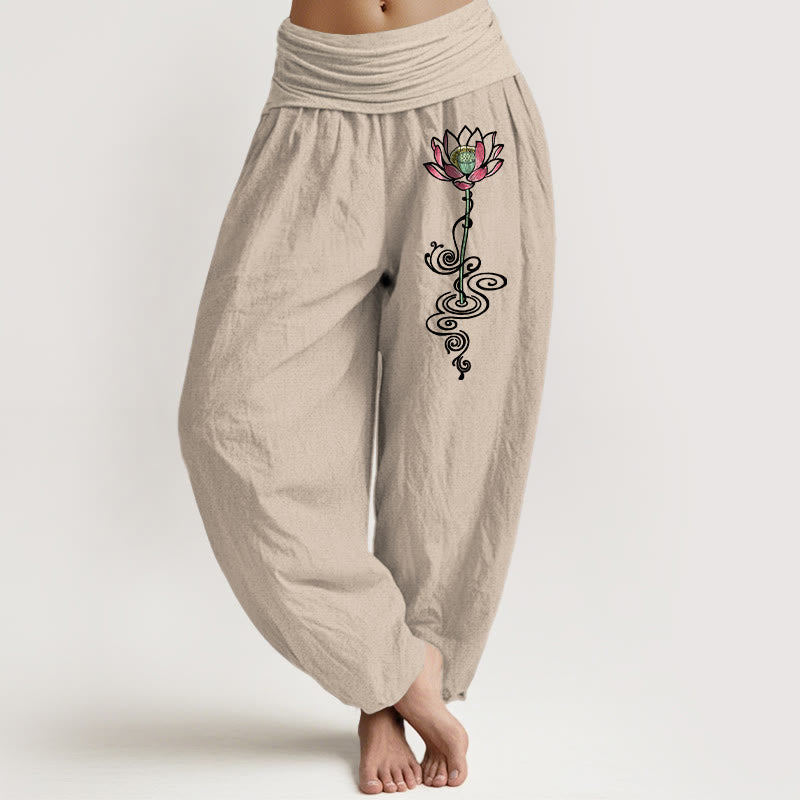 Spodnie haremki damskie z elastyczną talią i wzorem w kwiaty lotosu z czystej bawełny z Buddha Stones - Dębnik - US16, UK/AU20, EU48 (3XL) - image 11