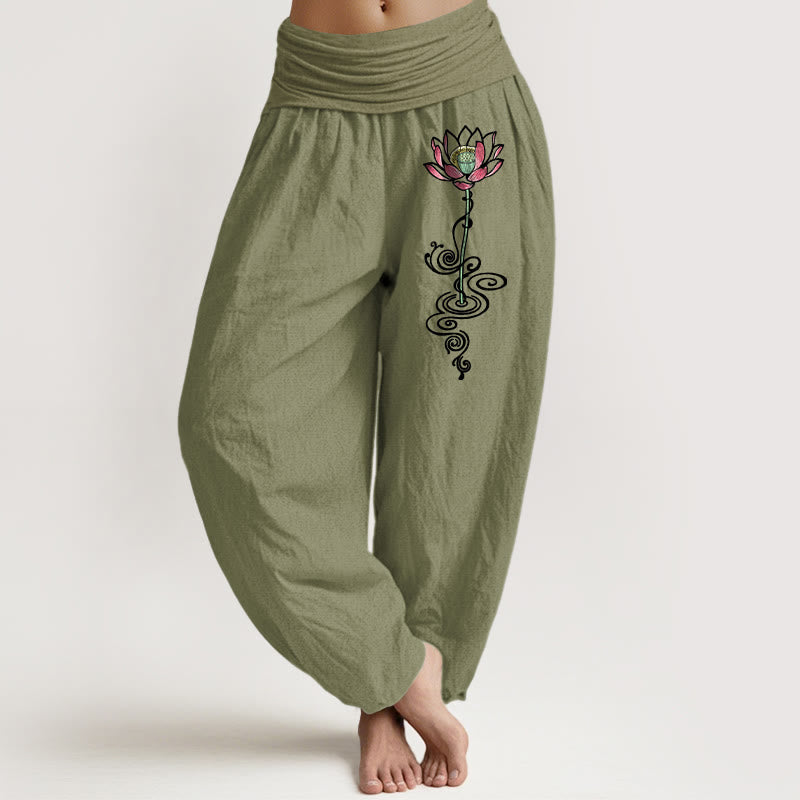 Spodnie haremki damskie z elastyczną talią i wzorem w kwiaty lotosu z czystej bawełny z Buddha Stones - Oliwkowy - US16, UK/AU20, EU48 (3XL) - image 14
