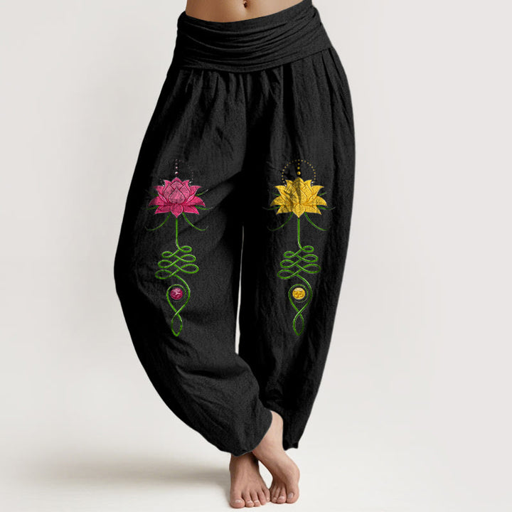 Buddha Stones haremki damskie z elastyczną talią, z czystej bawełny, z kontrastowymi kolorami i wzorem kwiatu lotosu - Czarny - US16, UK/AU20, EU48 (3XL) - image 0