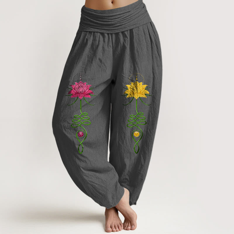 Buddha Stones haremki damskie z elastyczną talią, z czystej bawełny, z kontrastowymi kolorami i wzorem kwiatu lotosu - DimGray - US16, UK/AU20, EU48 (3XL) - image 8