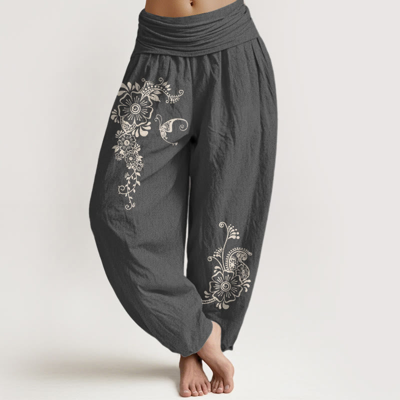 Buddha Stones z czystej bawełny, prosty elegancki wzór kwiatowy, motyl, winorośl, damskie spodnie haremowe z elastyczną talią - DimGray - US16, UK/AU20, EU48 (3XL) - image 8