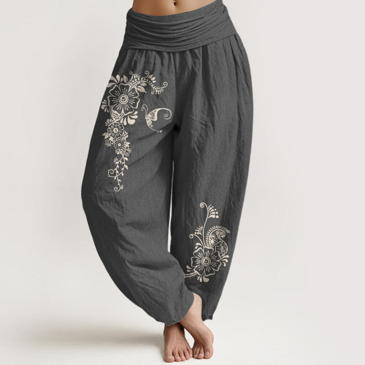Buddha Stones z czystej bawełny, prosty elegancki wzór kwiatowy, motyl, winorośl, damskie spodnie haremowe z elastyczną talią - DimGray - US16, UK/AU20, EU48 (3XL) - image 8