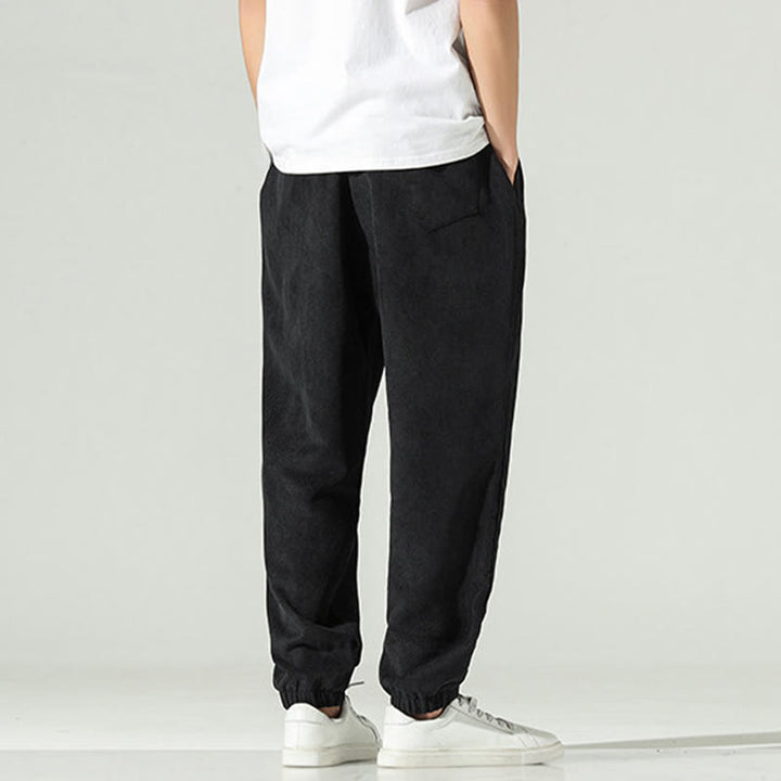 Męskie spodnie haremowe z kieszeniami i gładkim sztruksowym haftem "Buddha Stones Fall" - image 9