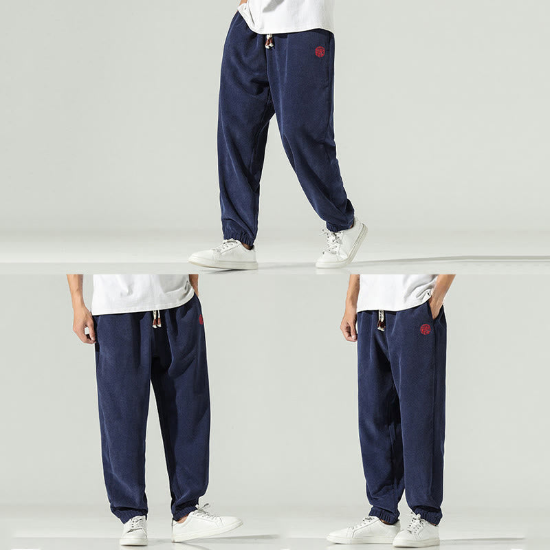 Męskie spodnie haremowe z kieszeniami i gładkim sztruksowym haftem "Buddha Stones Fall" - image 5