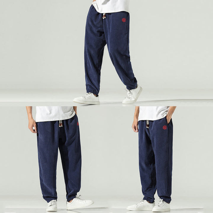 Męskie spodnie haremowe z kieszeniami i gładkim sztruksowym haftem "Buddha Stones Fall" - image 5