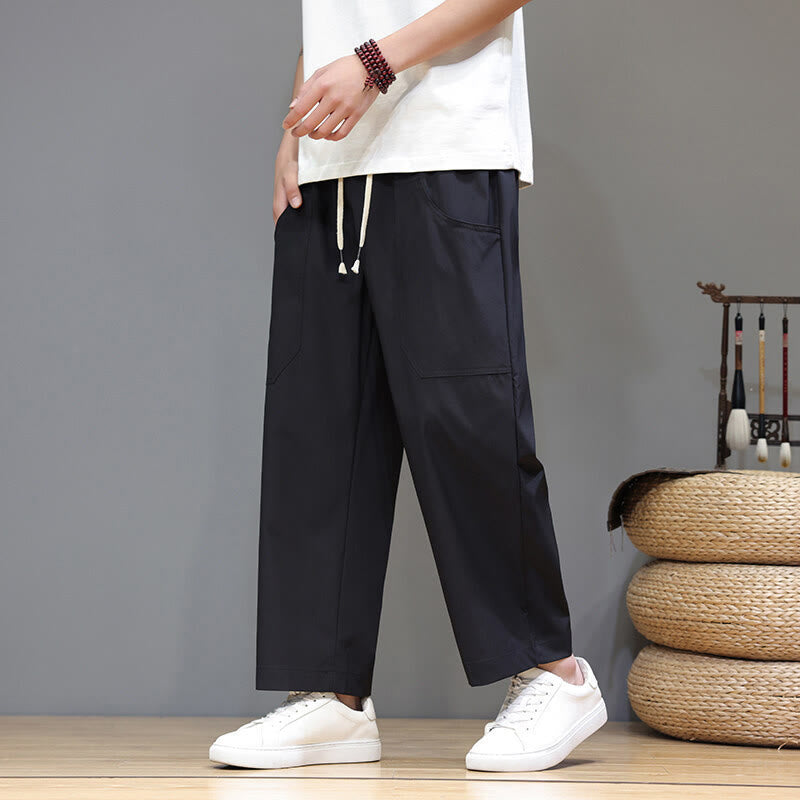 Spodnie męskie Buddha Stones Summer Solid Color ze ściągaczem i prostymi nogawkami, długość 7-8, z kieszeniami - Czarny - US/UK/AU46， EU56 (5XL) - image 16