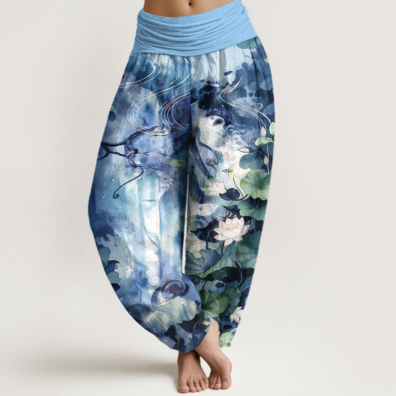Spodnie haremowe damskie z elastyczną talią, z motywem liści lotosu i kamieniami Buddha Stones w stylu akwarelowym - DeepSkyBlue - US16, UK/AU20, EU48 (3XL) - image 0