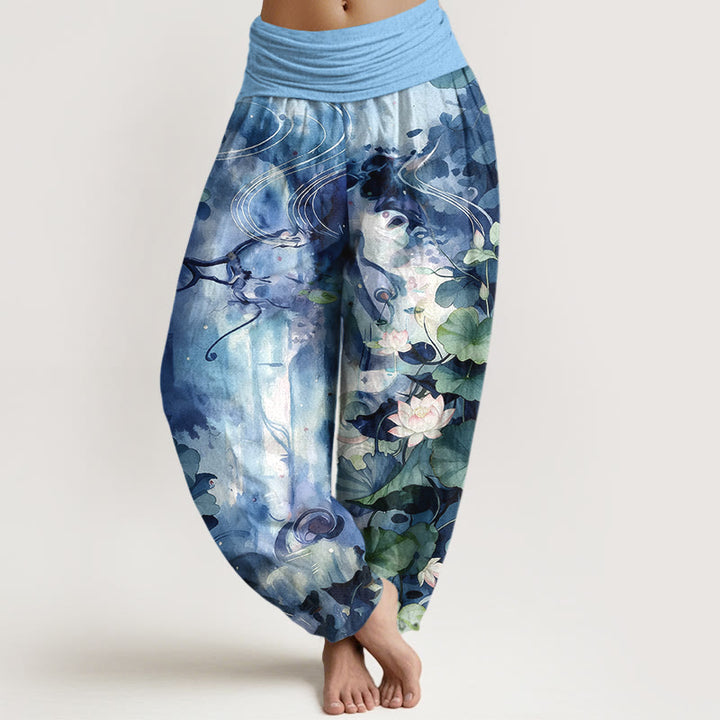 Spodnie haremowe damskie z elastyczną talią, z motywem liści lotosu i kamieniami Buddha Stones w stylu akwarelowym - DeepSkyBlue - US16, UK/AU20, EU48 (3XL) - image 0