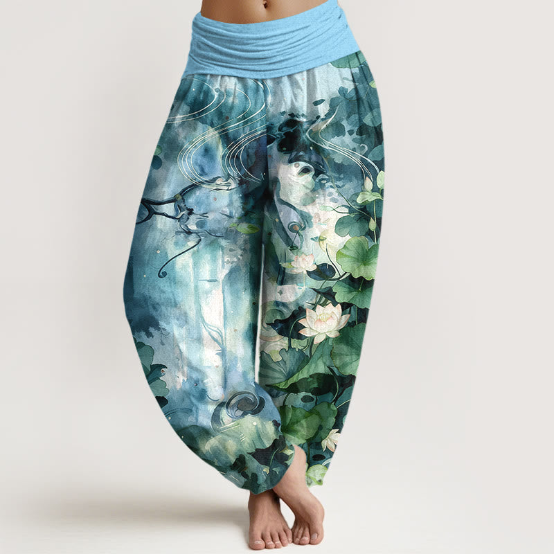 Spodnie haremowe damskie z elastyczną talią, z motywem liści lotosu i kamieniami Buddha Stones w stylu akwarelowym - LightSkyBlue - US16, UK/AU20, EU48 (3XL) - image 5