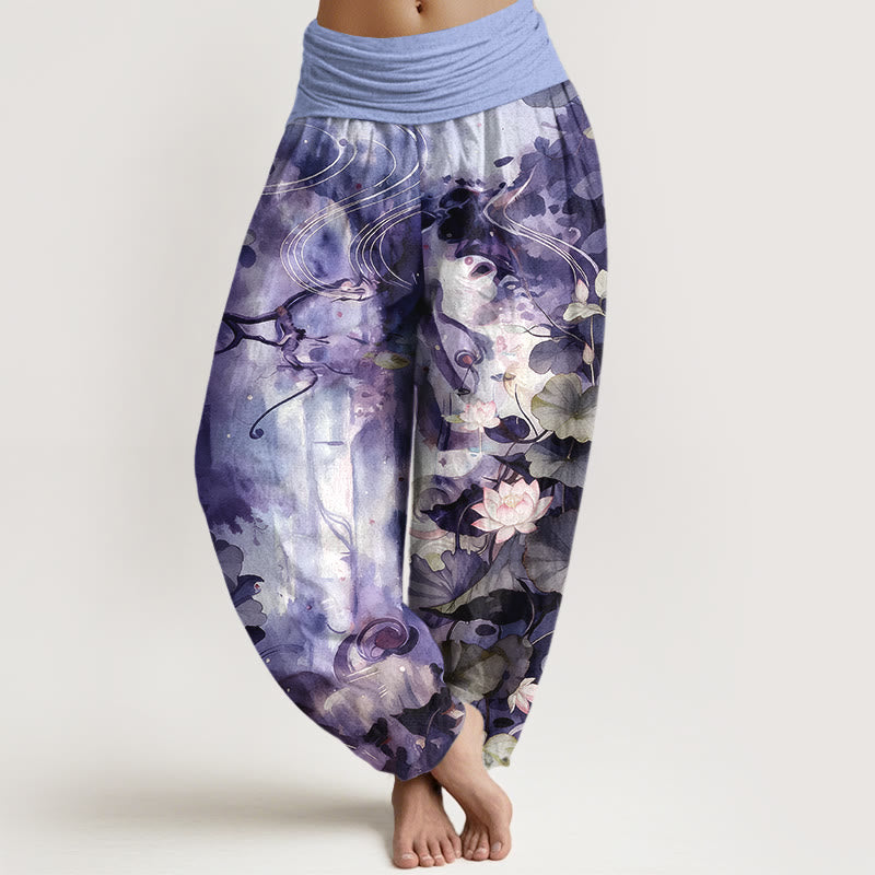 Spodnie haremowe damskie z elastyczną talią, z motywem liści lotosu i kamieniami Buddha Stones w stylu akwarelowym - CiemnaOrchidea - US16, UK/AU20, EU48 (3XL) - image 8