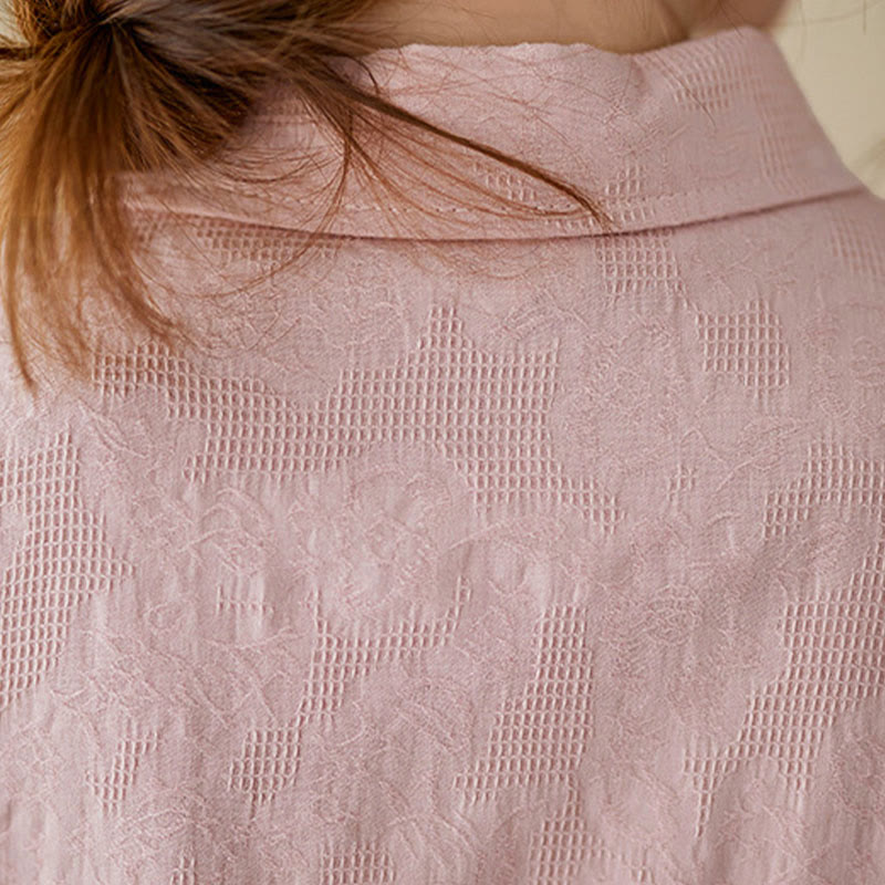 Koszula damska z długim rękawem i bawełny z klapami, haftowana, z motywem kwiatowym i Buddha Stones - image 16