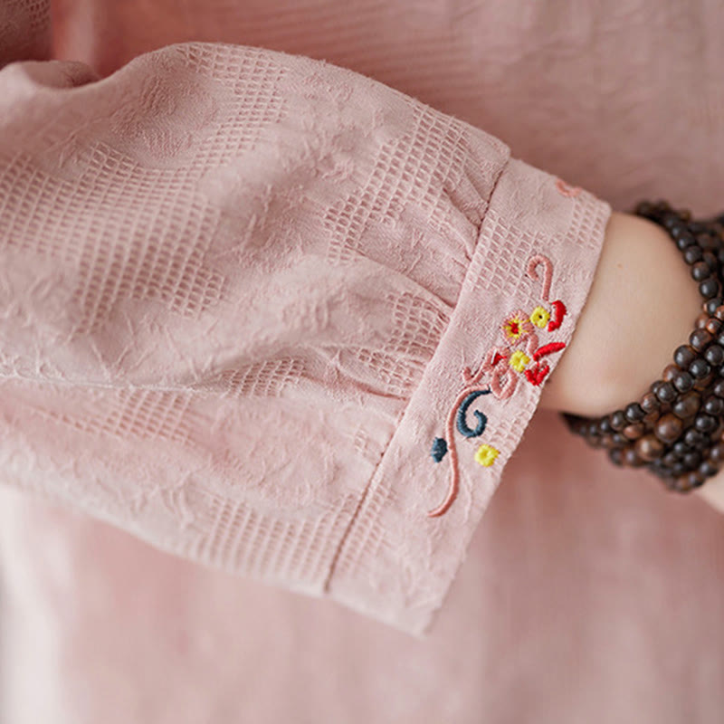 Koszula damska z długim rękawem i bawełny z klapami, haftowana, z motywem kwiatowym i Buddha Stones - image 18