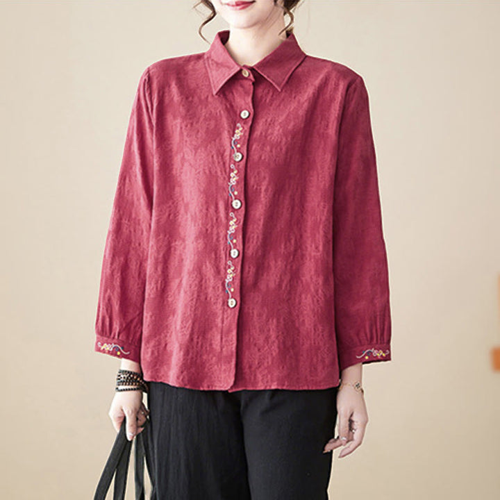 Koszula damska z długim rękawem i bawełny z klapami, haftowana, z motywem kwiatowym i Buddha Stones - image 24