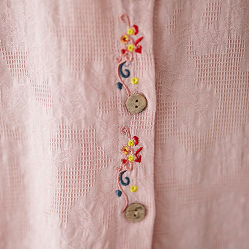 Koszula damska z długim rękawem i bawełny z klapami, haftowana, z motywem kwiatowym i Buddha Stones - image 17