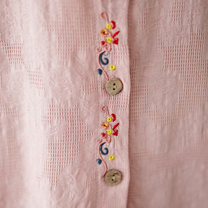 Koszula damska z długim rękawem i bawełny z klapami, haftowana, z motywem kwiatowym i Buddha Stones - image 17
