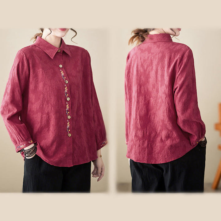 Koszula damska z długim rękawem i bawełny z klapami, haftowana, z motywem kwiatowym i Buddha Stones - image 27