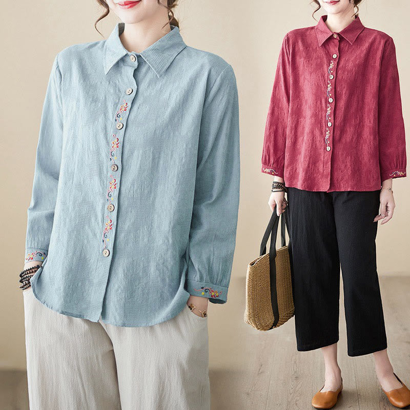 Koszula damska z długim rękawem i bawełny z klapami, haftowana, z motywem kwiatowym i Buddha Stones - image 28