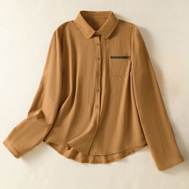 Koszula damska z długim rękawem bawełniana z kieszenią i prostym haftem w stylu retro z motywem Buddha Stones - DarkGoldenrod - US8-10，UK/AU12-14，EU40-42 (2XL) - image 26