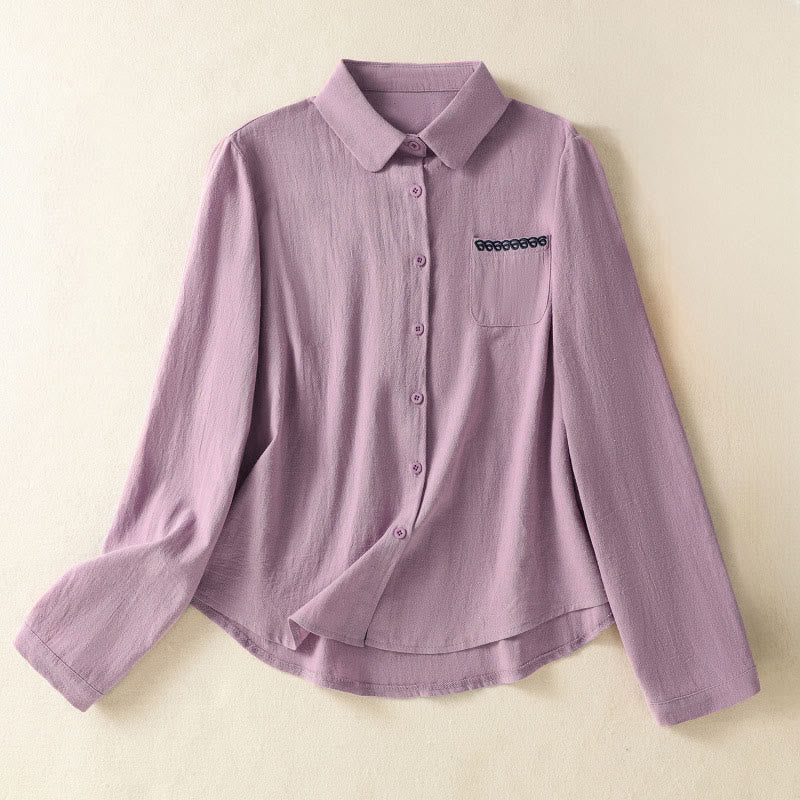 Koszula damska z długim rękawem bawełniana z kieszenią i prostym haftem w stylu retro z motywem Buddha Stones - Śliwka - US8-10，UK/AU12-14，EU40-42 (2XL) - image 0