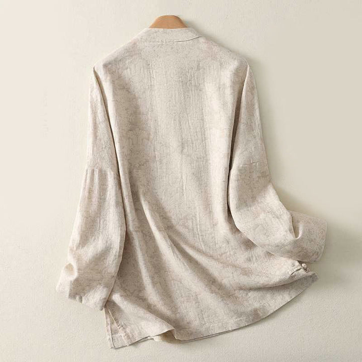 Koszula damska z długim rękawem z bawełny i lnu Buddha Stones z teksturowanym wzorem i żabą - image 1