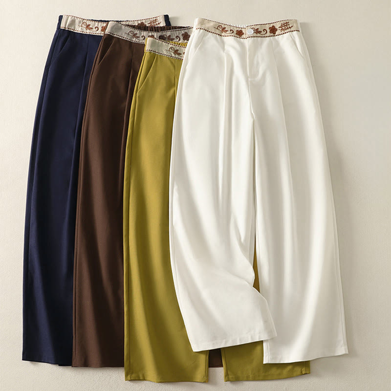 Damskie spodnie z szerokimi nogawkami z bawełny z haftem i elastycznym pasem w kształcie Buddha Stones, zapinane na zamek błyskawiczny i z kieszeniami - image 0