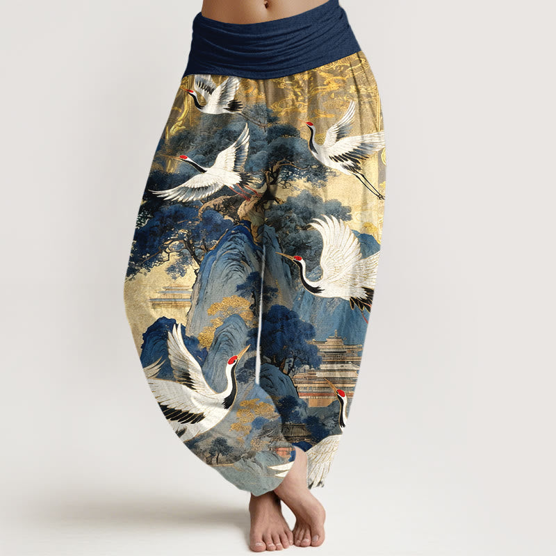 Buddha Stones damskie z elastyczną talią i wzorem żurawia z czystej bawełny i sosny górskiej - Ciemnoniebieski - US16, UK/AU20, EU48 (3XL) - image 0