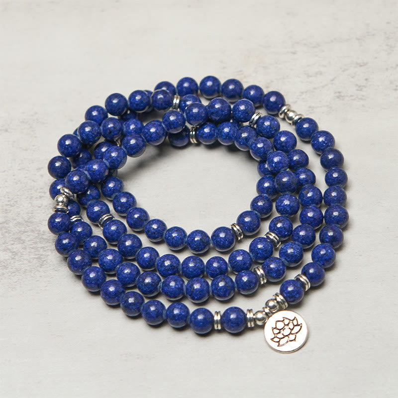 Buddha Stones 108 koralików Lazuryt Lapis Lazuli Symbol Lotosu Charm Pozytywna Mala - image 1
