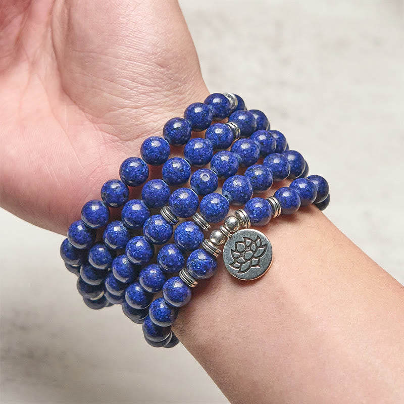 Buddha Stones 108 koralików Lazuryt Lapis Lazuli Symbol Lotosu Charm Pozytywna Mala - image 3
