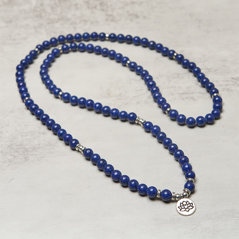 Buddha Stones 108 koralików Lazuryt Lapis Lazuli Symbol Lotosu Charm Pozytywna Mala - image 2