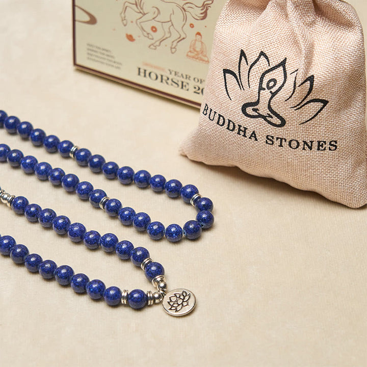 Buddha Stones 108 koralików Lazuryt Lapis Lazuli Symbol Lotosu Charm Pozytywna Mala - image 5