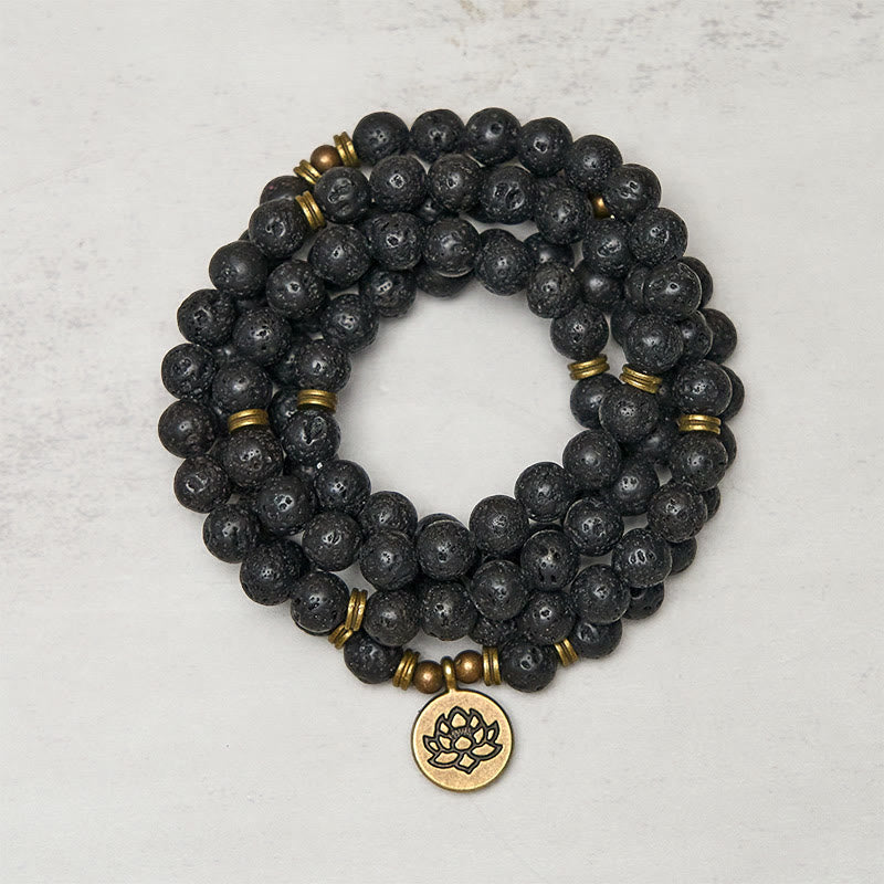 Buddha Stones, symbol lotosu w stylu retro, zawieszka z koralików z lawy wulkanicznej, uzdrawiająca mala nowego początku - Skała lawowa - image 0