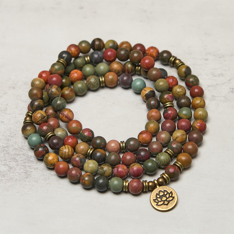 Buddha Stones Retro Symbol Lotosu Okrągły Koralik Czerwony Turkus Ciepły Mala - image 1