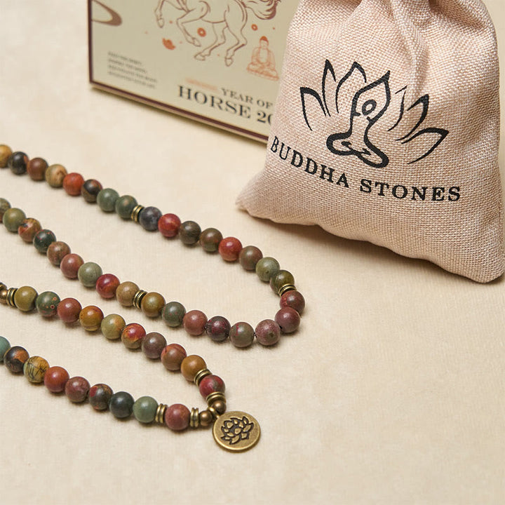 Buddha Stones Retro Symbol Lotosu Okrągły Koralik Czerwony Turkus Ciepły Mala - image 5