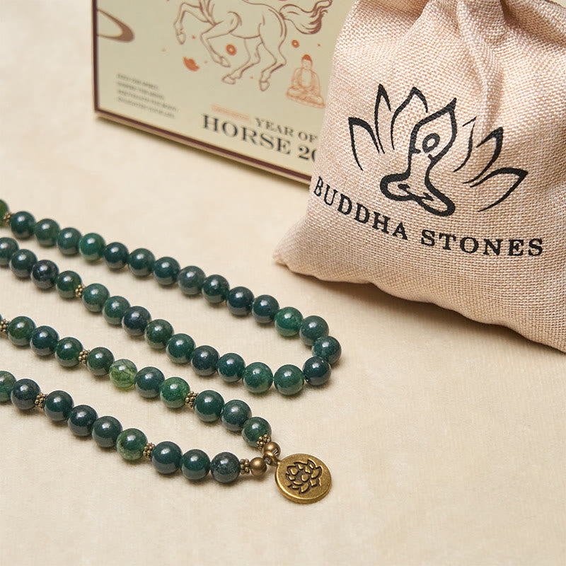 Buddha Stones, Symbol Lotosu, Okrągły Koralik, Agat Mchu, Uzdrawiająca Mala - image 5