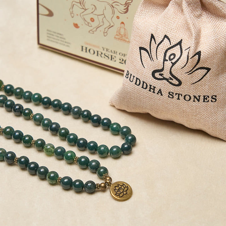 Buddha Stones, Symbol Lotosu, Okrągły Koralik, Agat Mchu, Uzdrawiająca Mala - image 5