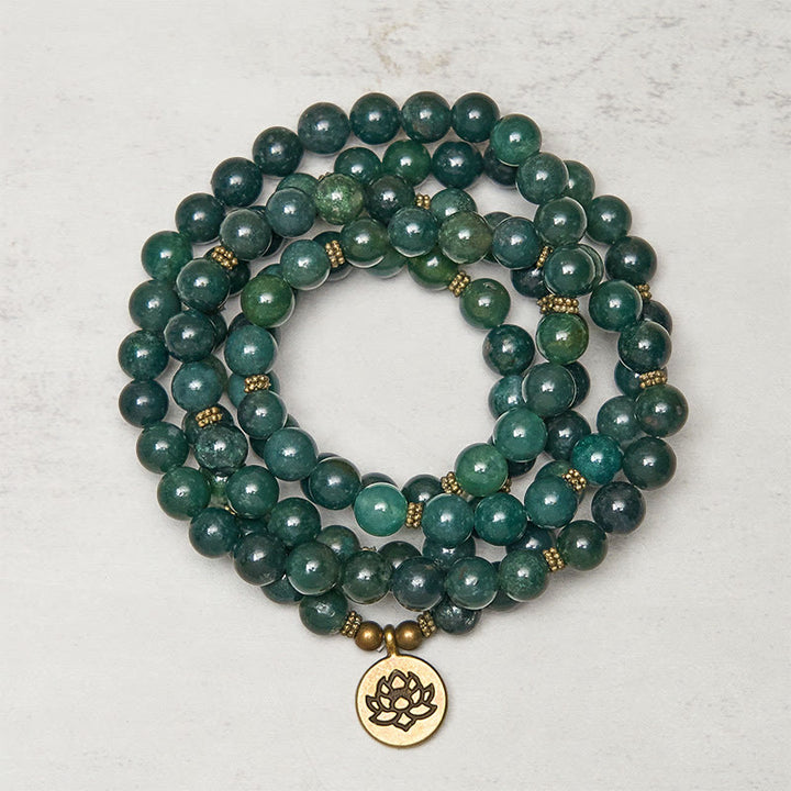 Buddha Stones, Symbol Lotosu, Okrągły Koralik, Agat Mchu, Uzdrawiająca Mala - Agat mszysty - 8 mm - image 0