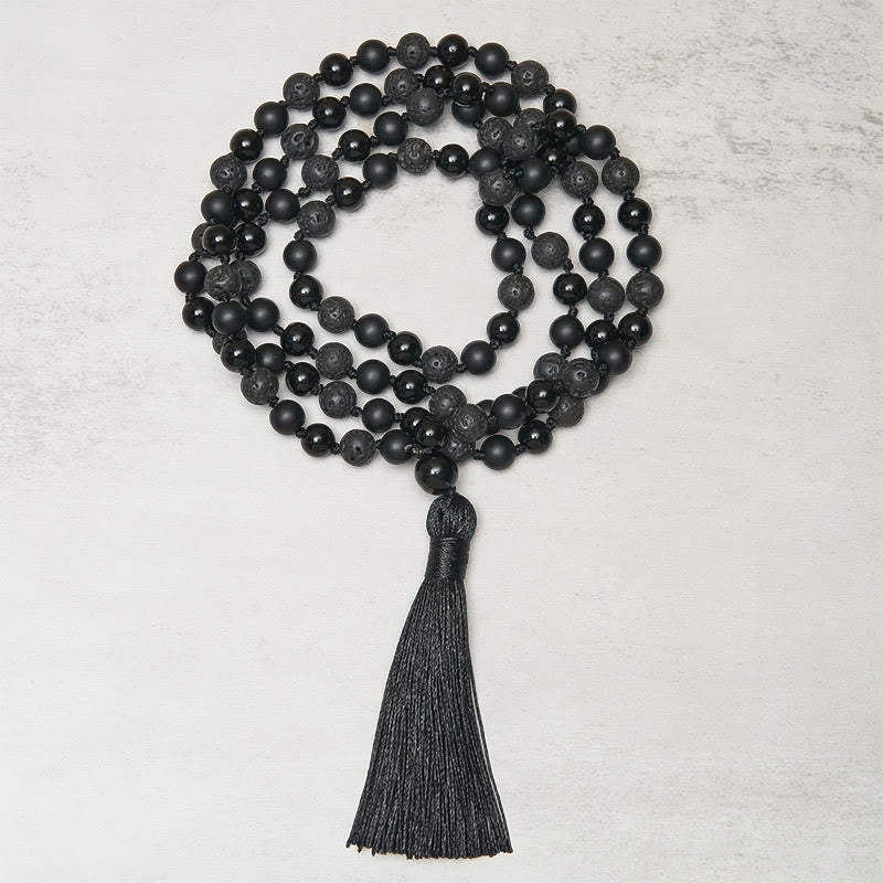 Buddha Stones 8 mm Koraliki Czarny Onyks Lawa Kamień Ochrona Tassel Fortune Mala - image 1