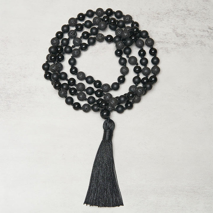 Buddha Stones 8 mm Koraliki Czarny Onyks Lawa Kamień Ochrona Tassel Fortune Mala - image 1