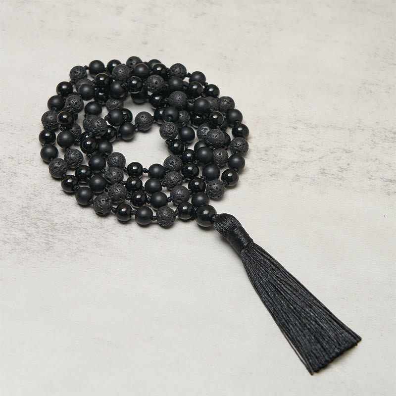 Buddha Stones 8 mm Koraliki Czarny Onyks Lawa Kamień Ochrona Tassel Fortune Mala - Czarny onyks i skała lawowa - image 0