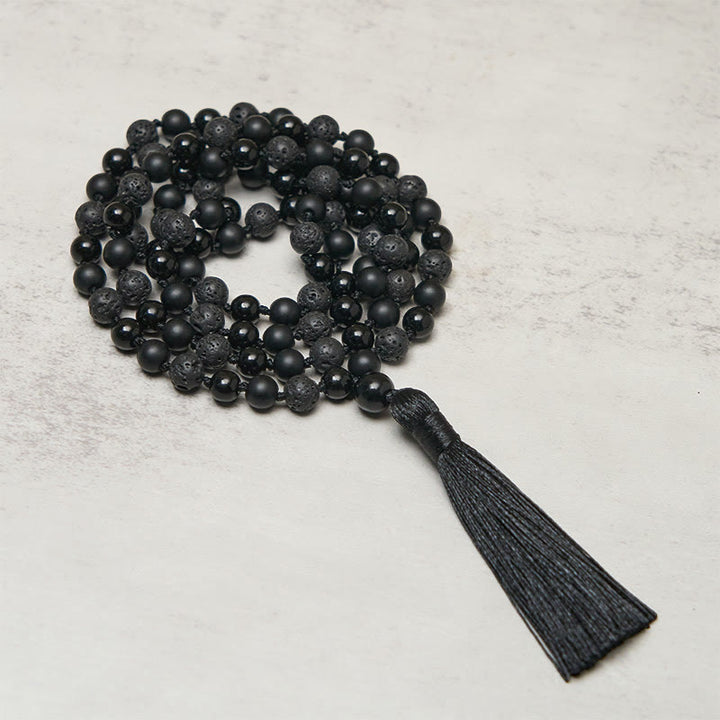 Buddha Stones 8 mm Koraliki Czarny Onyks Lawa Kamień Ochrona Tassel Fortune Mala - Czarny onyks i skała lawowa - image 0