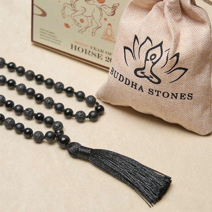 Buddha Stones 8 mm Koraliki Czarny Onyks Lawa Kamień Ochrona Tassel Fortune Mala - image 5