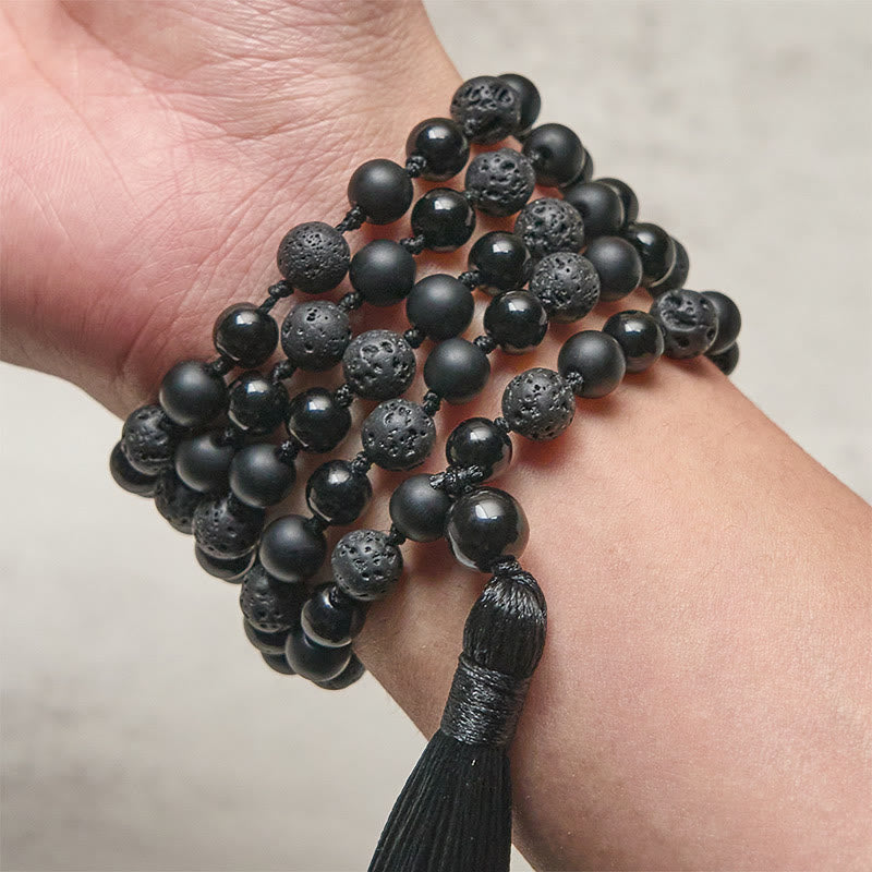 Buddha Stones 8 mm Koraliki Czarny Onyks Lawa Kamień Ochrona Tassel Fortune Mala - image 3