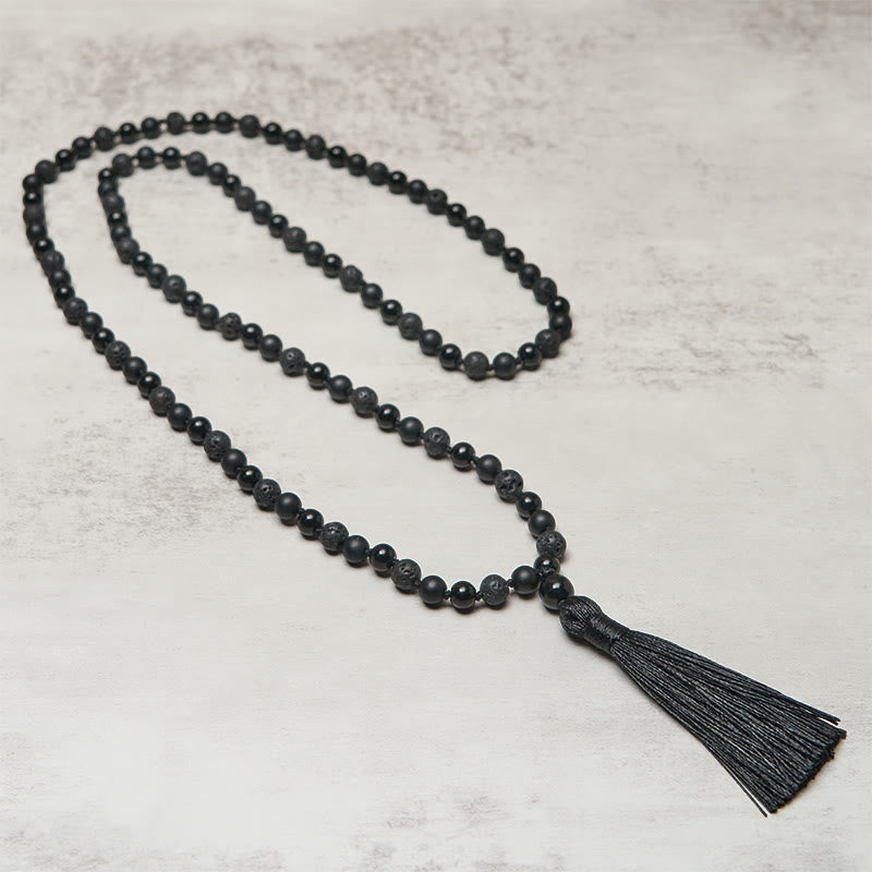 Buddha Stones 8 mm Koraliki Czarny Onyks Lawa Kamień Ochrona Tassel Fortune Mala - image 2