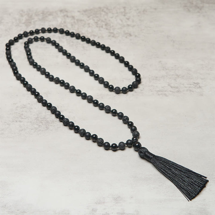 Buddha Stones 8 mm Koraliki Czarny Onyks Lawa Kamień Ochrona Tassel Fortune Mala - image 2