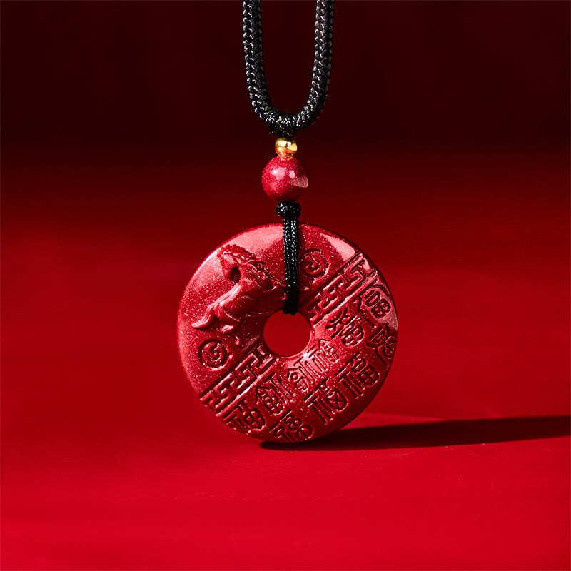 Buddha Stones Rok Konia Rzeźbiony Znak Fu Pokoju Klamra Projekt Naszyjnik Błogosławieństwo Pomyślności Cynober - image 1