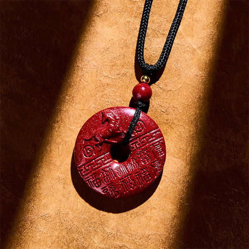Buddha Stones Rok Konia Rzeźbiony Znak Fu Pokoju Klamra Projekt Naszyjnik Błogosławieństwo Pomyślności Cynober - image 2