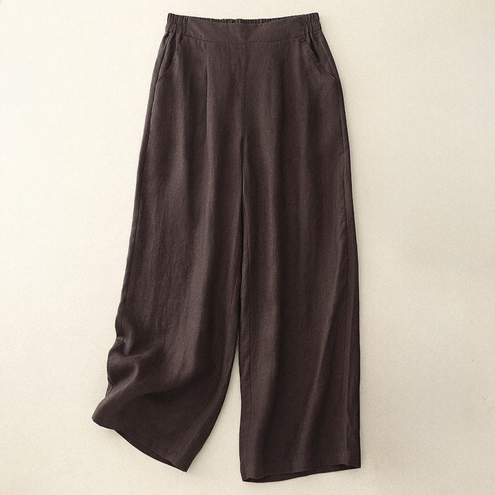 Damskie spodnie bawełniane z kieszeniami w Buddha Stones" w kolorze białym, wiosenne, proste, o długości 7-8 - SaddleBrown - US12, UK/AU16, EU44 (2XL) - image 0