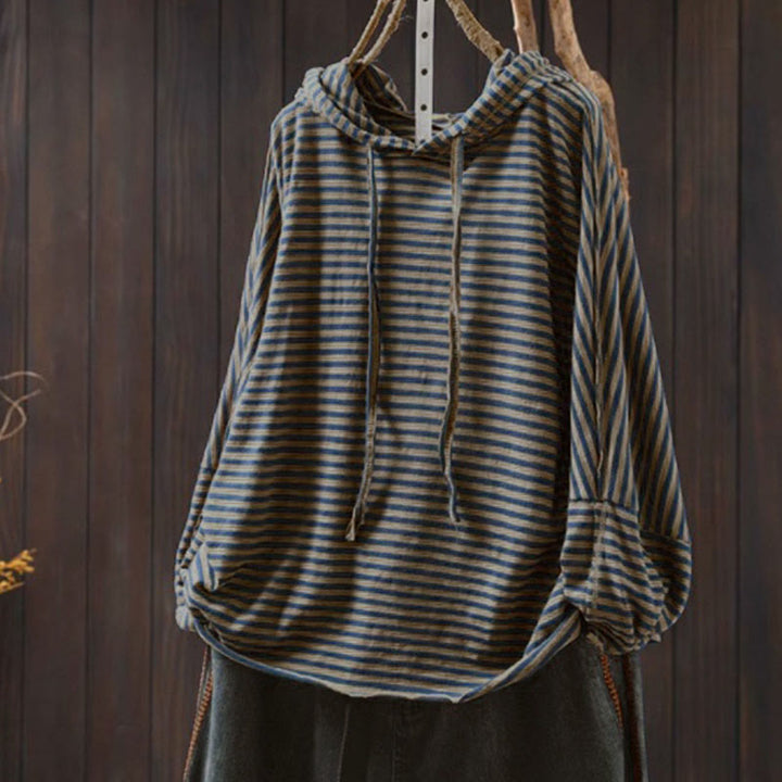 Bluza damska z kapturem z długim rękawem i bawełny z motywem Buddha Stones w paski i wiosenną grafiką - Ciemnoniebieski - US4-8/10, UK/AU8-12/14, EU36-40/42 (F) - image 0