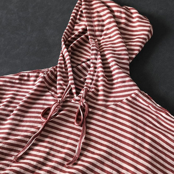 Bluza damska z kapturem z długim rękawem i bawełny z motywem Buddha Stones w paski i wiosenną grafiką - image 6