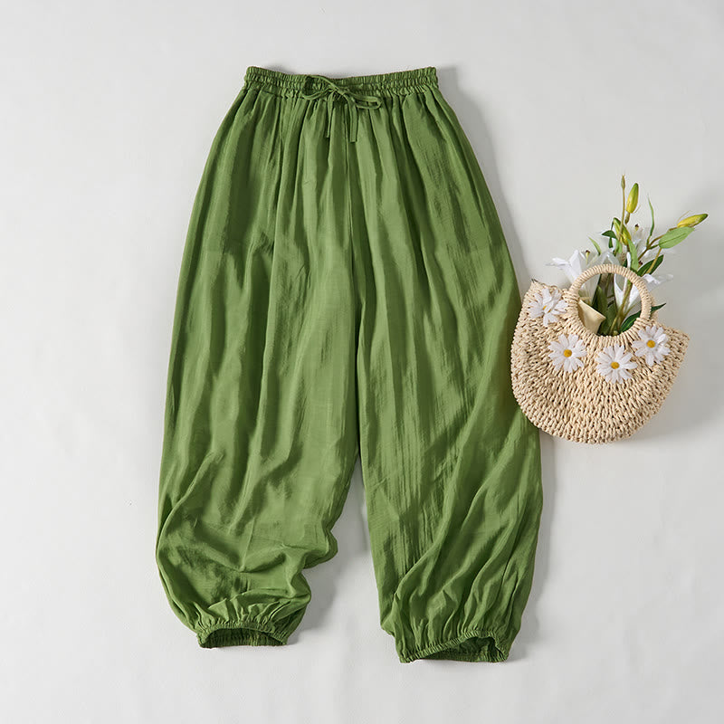 Damskie spodnie z bawełny ściąganej sznurkiem i kieszeniami, do kostek, z Buddha Stones, w kolorze letnich zielonych - DarkSeaGreen - US14, UK/AU18, EU46 (2XL) - image 0